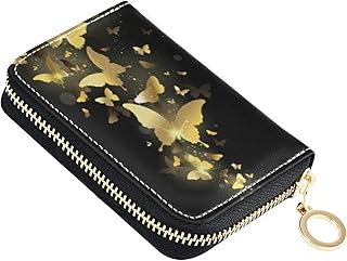 OTVEE Golden Butterfly Black RFID Credit Card Wallet, Microfiber Leather Zipper Card Case Holder for Wo