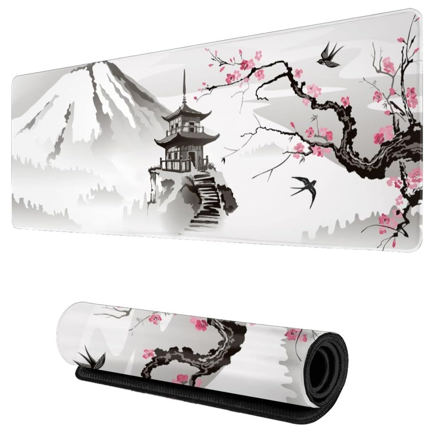 AputueGaming Mouse Pad, 80cm × 30cm Waterproof and Easy to Clean Fuji Ink Painting Mousepad, Cherry Blossom Large Keyboard Mat, Long Non-slip Rubber Base Mice Pad for Work, Game