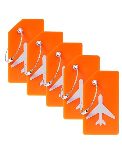 Gostwo 5 Pack Silicone Luggage Tags for Suitcases, Plane Travel Essentials | Suitcase Bag Name Tag, TSA Approved, Stainless Loop, Privacy Protection, Luggage Identifiers Accessories, Orange