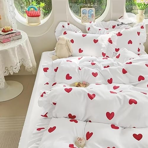QSYEDR Heart Ruffle Duvet Cover Super King,Aesthetic French Romantic Red Hearts Printed Bedding Set for Girls Women,Soft Microfibre Quilt Cover with Pillowcases,White Super King