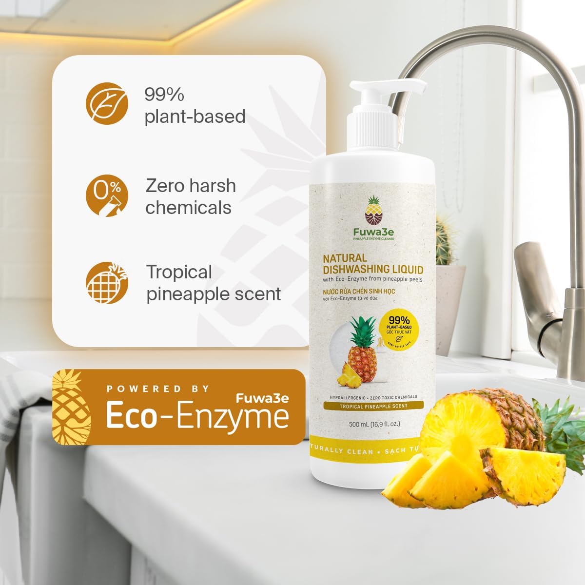 Fuwa3e Pineapple Enzyme Natural Dish Soap Tropical Pineapple Scent - 16.9oz 3 Pack - 99% Plant Based Dish Liquid - Hypoallergenic Dish Soap from Discarded Pineapple Peels - Image 2