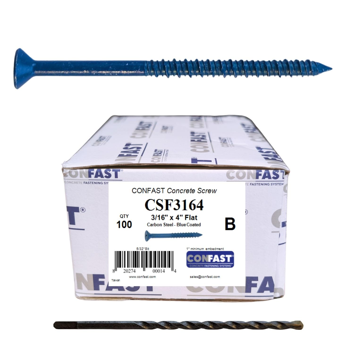 CONFAST 3/16" x 4" Blue Flat Phillips Concrete Screw Anchor with Drill Bit for Anchoring to Masonry, Block or Brick (100 per Box)