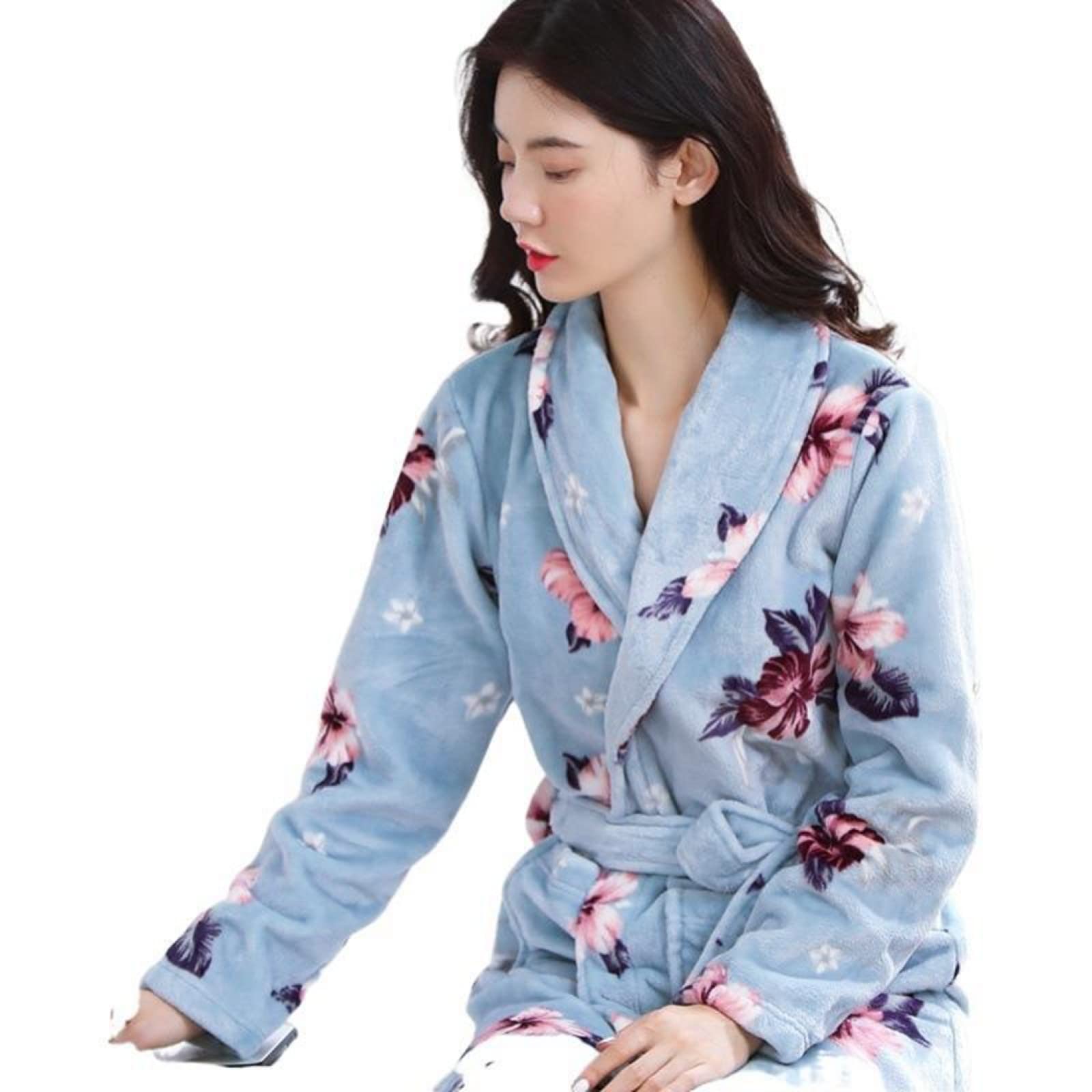 Peignoir d'hiver,Les Dames À La Mode Robe D’Hiver Chaud Corail Toison De Bain Pyjamas À La Maison Porter Confortable Kimono Hôtel Peignoir avec Imprimé Mignon Bleu Fille Sexy