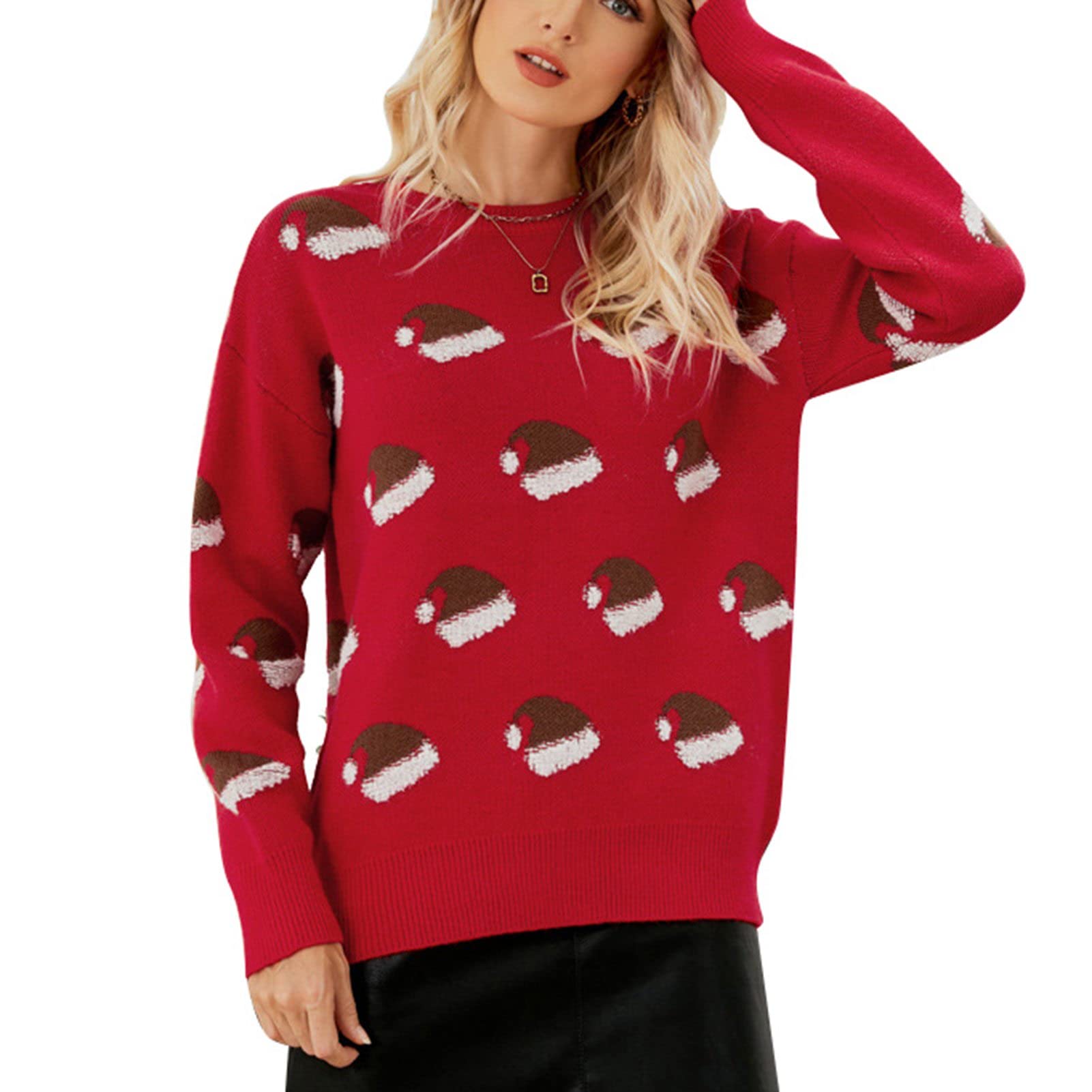 Pokerty9Christmas Sweater, Cartoon Pattern Warm Funny Women's Sweater Sleeve Round Neck for Home for Party