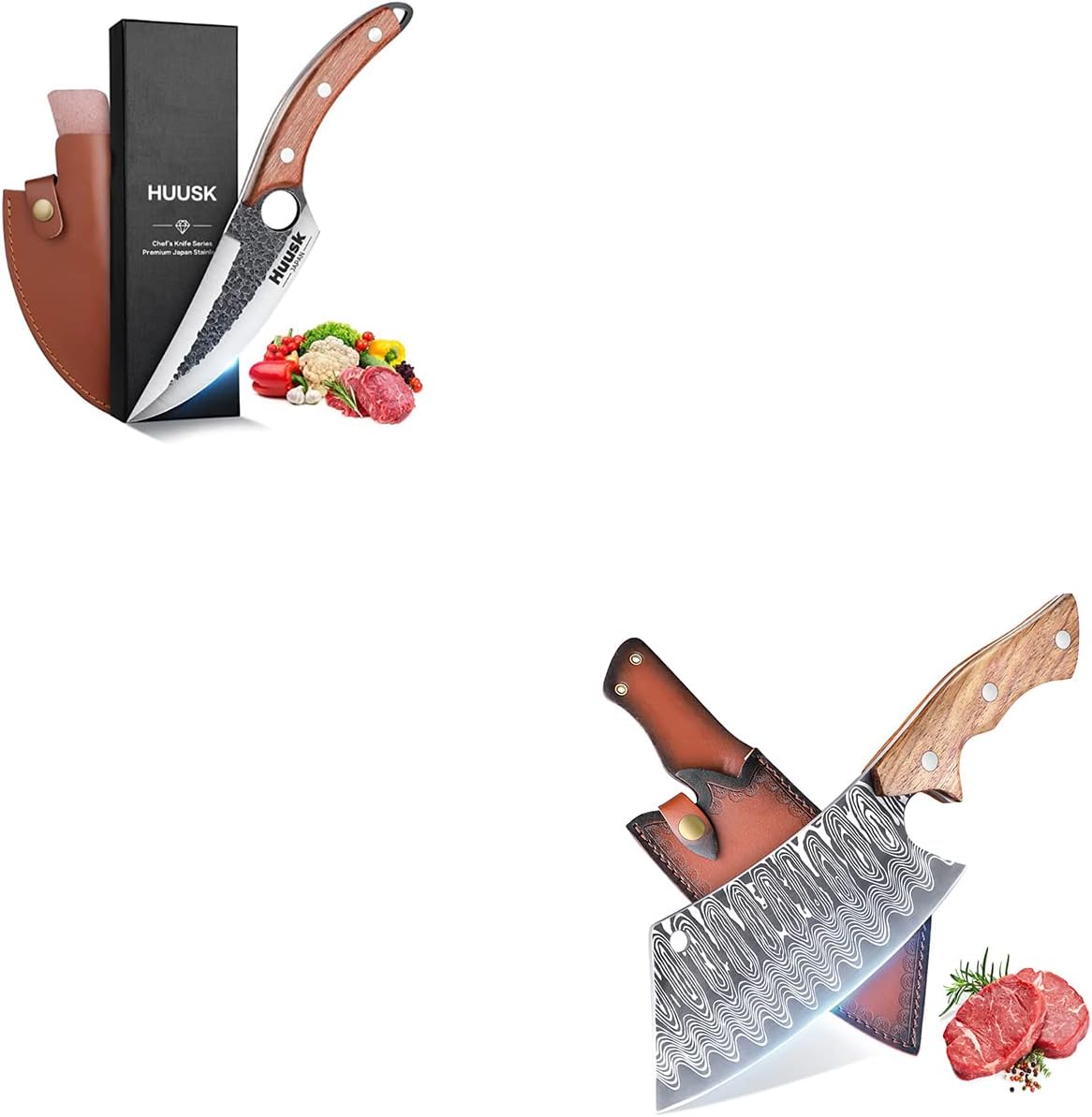 Huusk Hand Forged Meat Cleaver Knife Bundle with Upgraded Viking Knives Hand Forged Boning Knife
