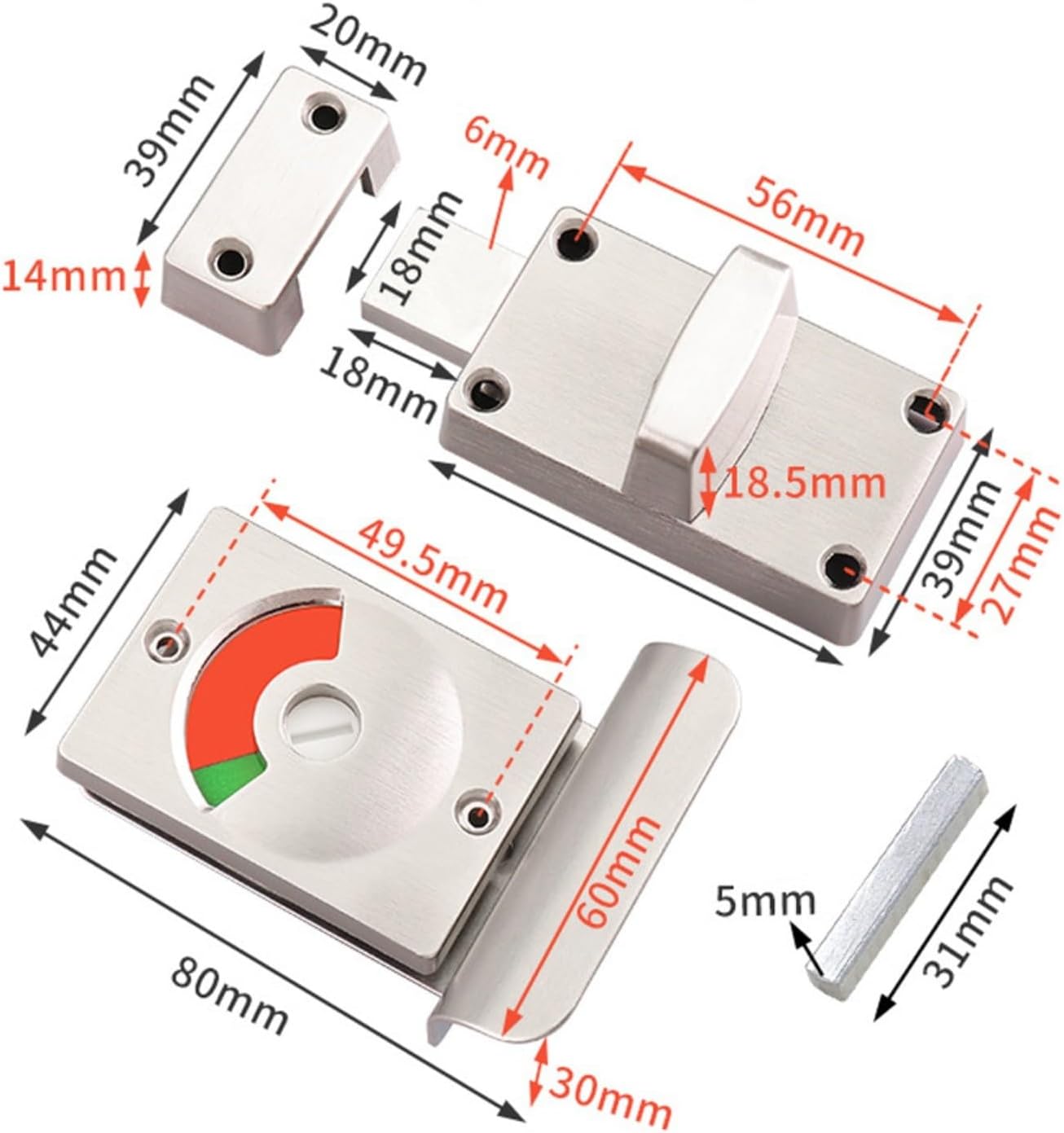 Latch Indicating Lock,Indicator Door Lock Toilet Cubicle Lock, Aluminum Alloy Partition Door Lock Bathroom with Red Green Indicator Lock for Hotel WC Shopping Mall, As Picture Show