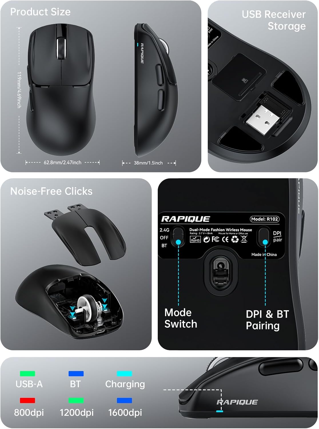 Multi-panel image detailing RAPIQUE R102 mouse features: product size, USB receiver storage, noise-free clicks mechanism, and bottom view with mode switch and DPI/BT pairing button.