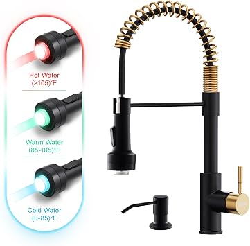 GIMILI Led Black and Gold Kitchen Faucet with Soap Dispenser
