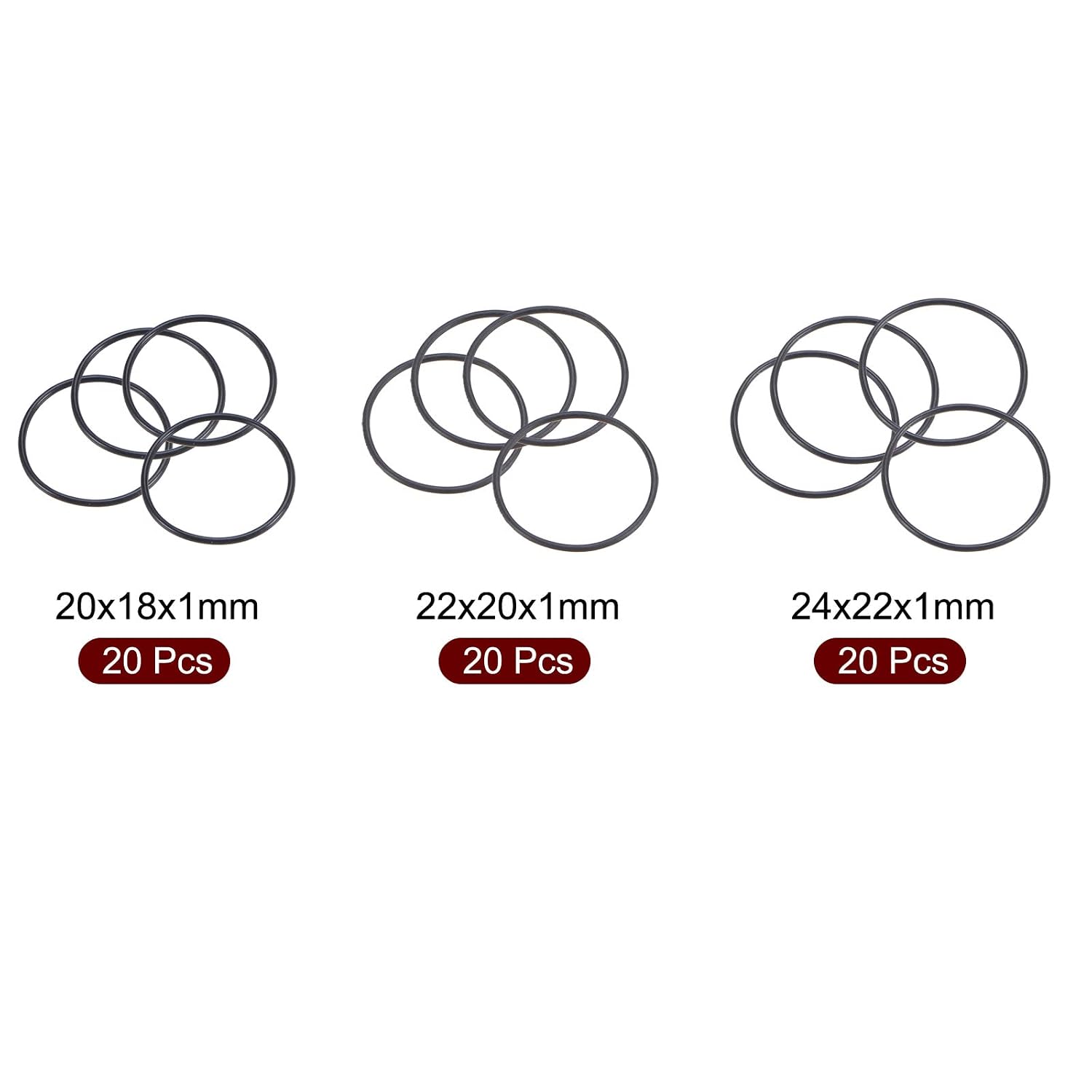 MECCANIXITY Nitrile Rubber O-Rings 20mm 22mm 24mm OD 18mm 20mm 22mm ID 1mm Thick Seal Gasket, Black 60in1 Set
