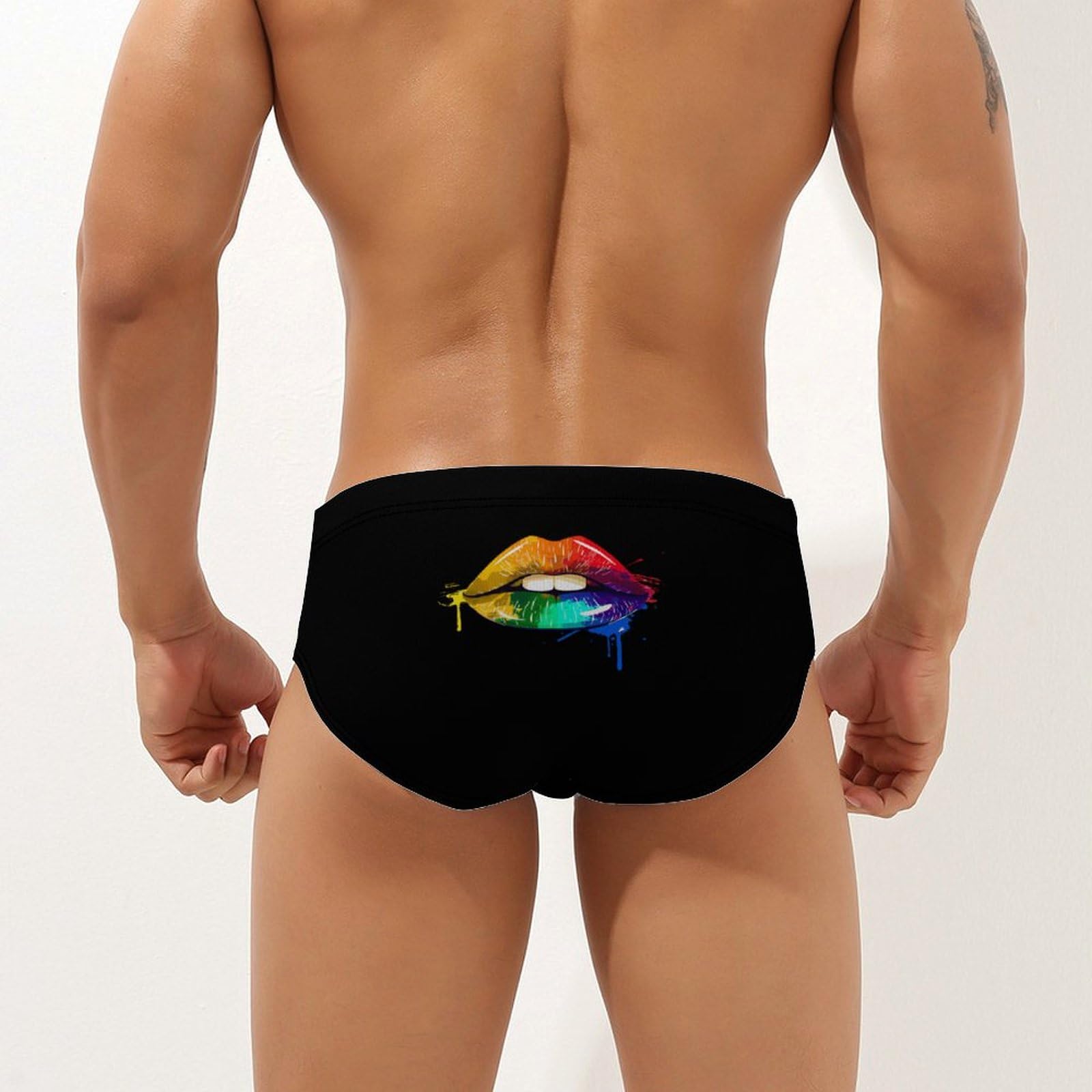 Gay Homosexual Lesbian Rainbow Lips Mens Swim Briefs Quick Dry Swim Trunk Bikini Underwear Swimsuit L