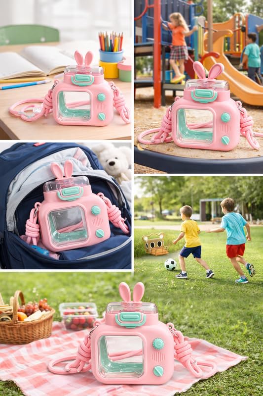 Image of Raawan Kids Water Bottle 600ml with Straw & Strap | Cute Leak-Proof Sipper Bottle for Boys & Girls | BPA-Free, Portable School Water Bottle | Pink & Blue