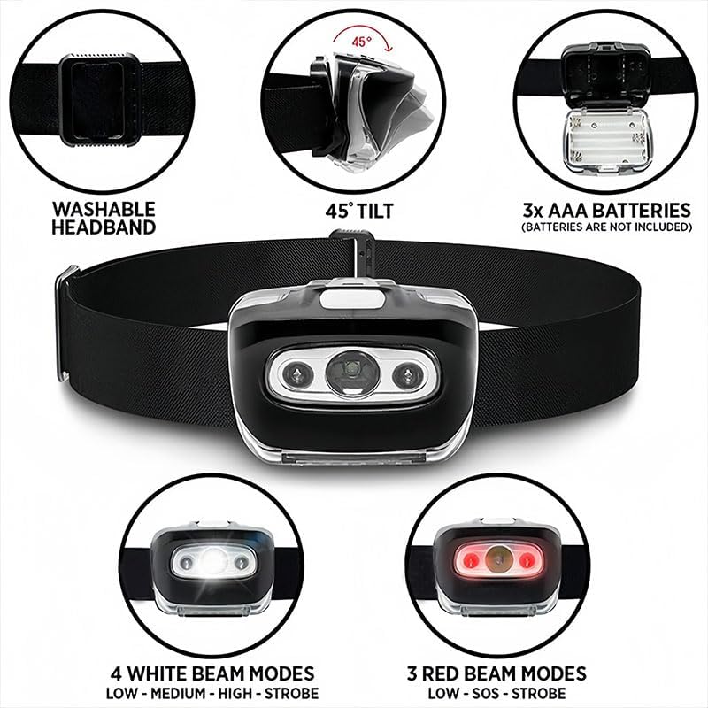 Miniatura 2 de Faro delantero para hombres y mujeres, lámparas de cabeza ajustables con 7 modos de luz y cabeza pivotable, luz LED blanca y roja impermeable ligera