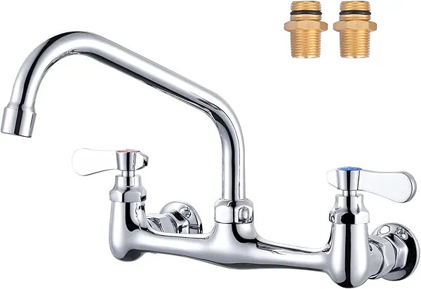 Commercial Sink Faucet with 8” Swivel Spout, 8" Center Wall Mount Kitchen Faucet, Dual Handles Brass Utility Sink Faucet for Laundry Room Restaurant Compartment Sink, Polish Chrome 8" Swivel