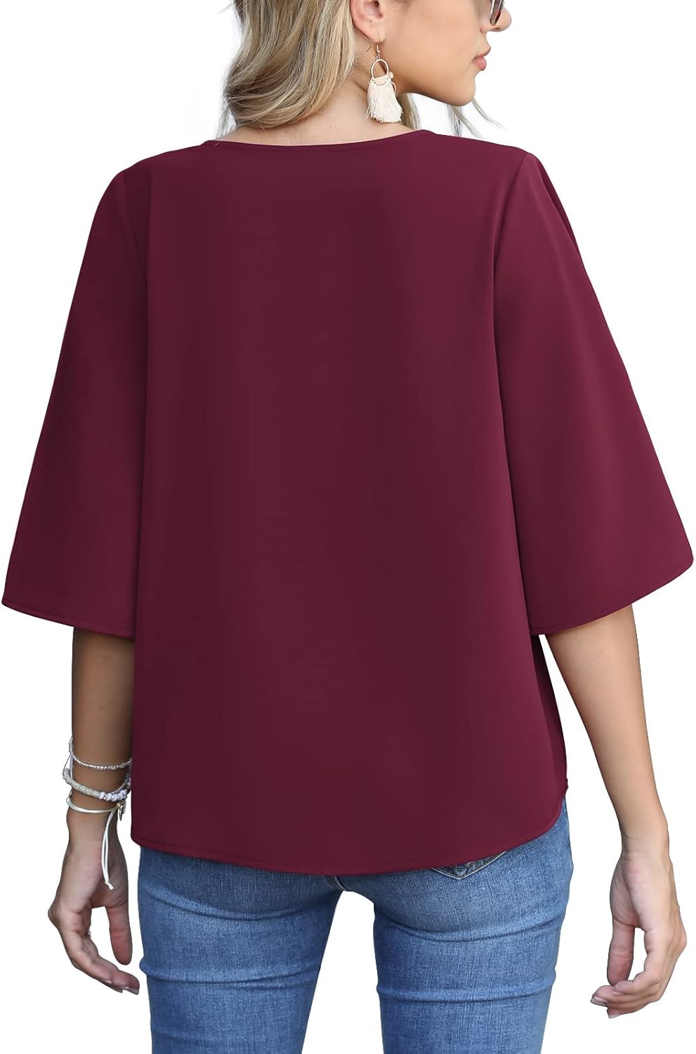 AWULIFFAN Women's Casual V Neck Batwing Sleeve Tops Tie Front Chiffon Blouses Button Down Shirts - Image 2