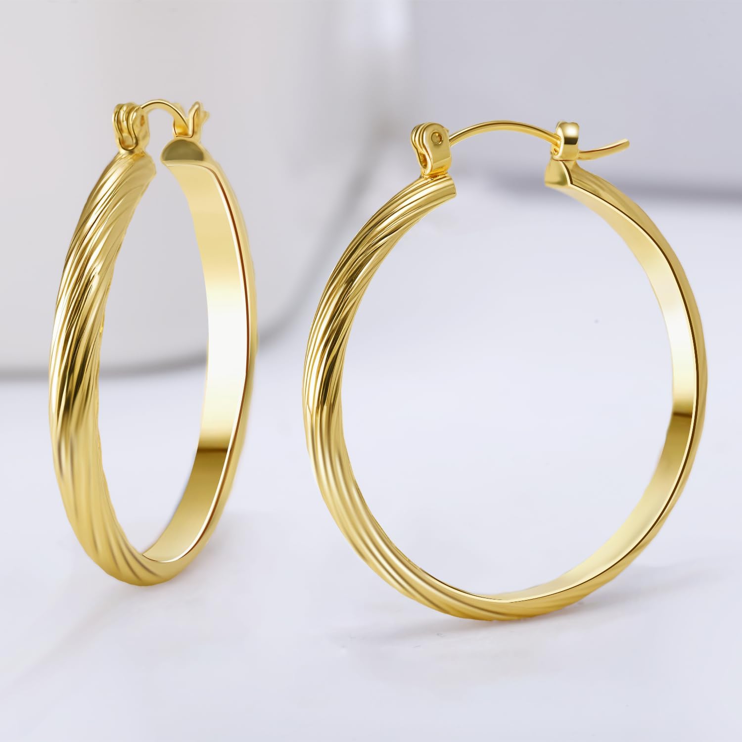 14K Gold Hoop Earrings For Women Trendy 14K Gold Earrings Classic Line Shiny Polished Hypoallergenic Earring for Women 35MM - Image 2