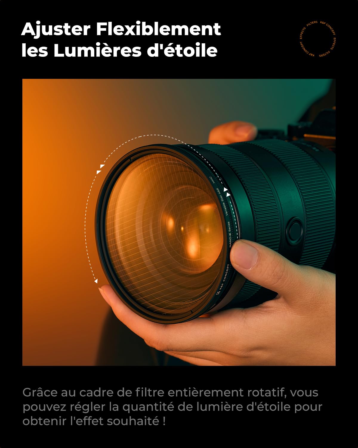K&F CONCEPT Ø82mm Filtre Étoile 4/8 Points 2 en 1 Filtre Star Réglable Effets Spéciaux et Chiffon pour Objectif Appareil Photo (K Série)