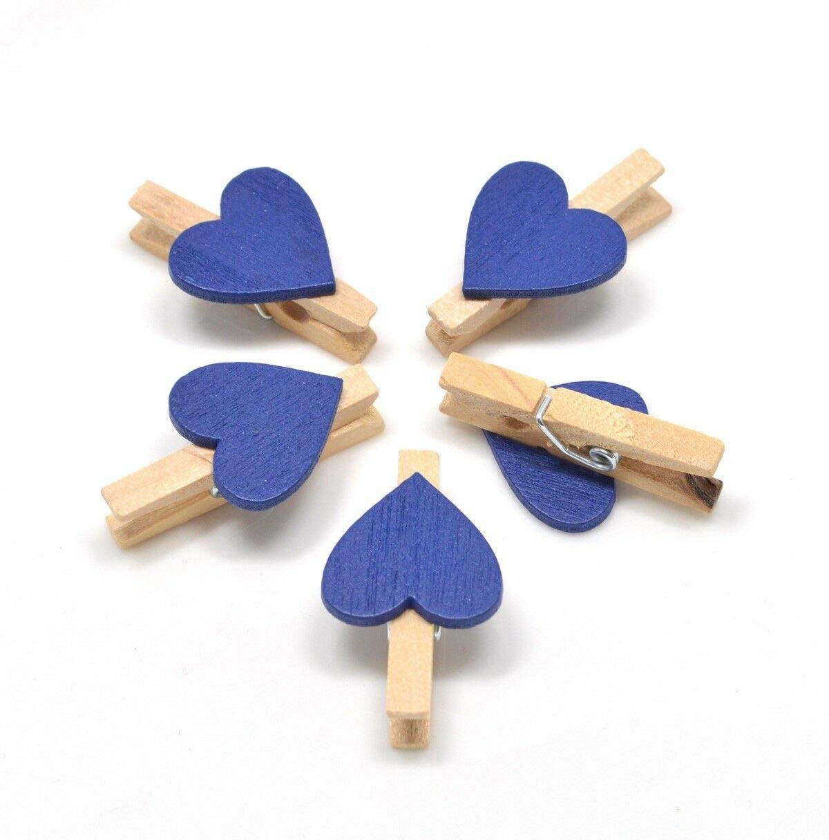 polybagstores PACK OF 25 - DARK BLUE Coloured Hearts On NATURAL 30mm Wooden Pegs