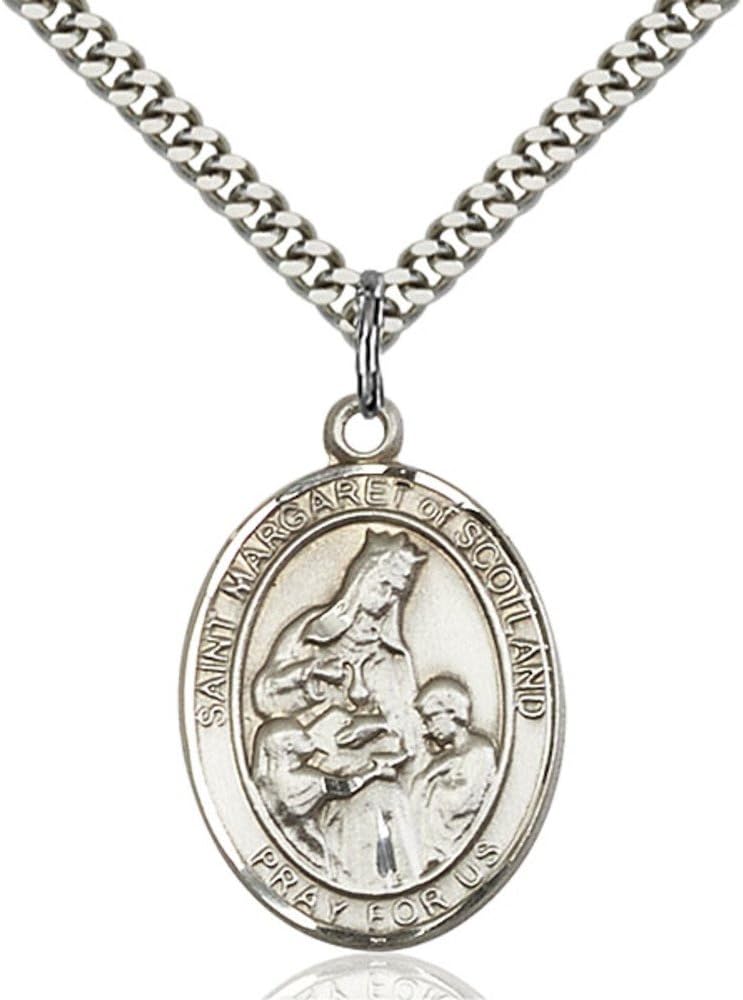 Bonyak Jewelry Saint Medal Collection Sterling Silver St. Margaret of Scotland Pendant 1 x 3/4 inches with Heavy Curb Chain