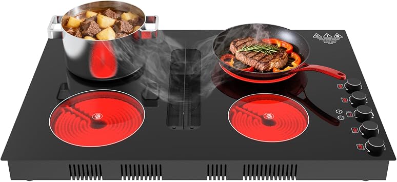 30" Electric Cooktop with Downdraft 4 Burner 6000W Built-in Electric Stove, BBQ Bridge Burner, Timer, Safety Lock, Recirculating Vent 220V-240V