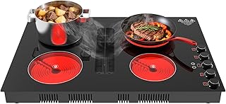 30" Electric Cooktop with Downdraft – 4 Burner 6000W Built-in Electric Stove, BBQ Bridge Burner, Timer, Safety Lock, Recirculating Vent (220V-240V)