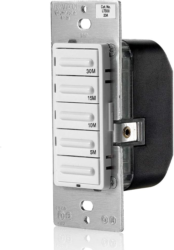 Leviton LTB30-1LZ Decora 1800W Incandescent/20A Resistive-Inductive 1HP Preset 5-10-15-30 Minute Countdown Timer Switch, White/Ivory/Light Almond Faceplates Included - Wall Timer Switches - 