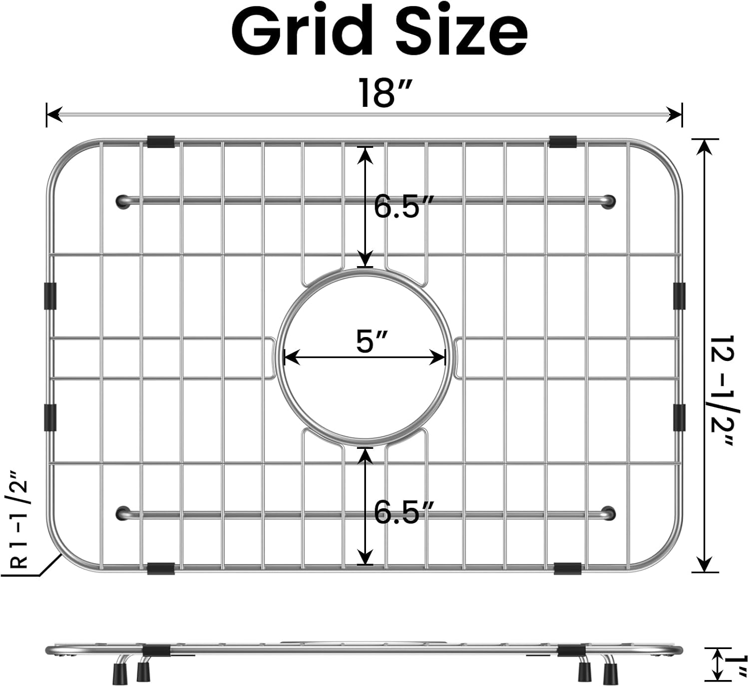 sink grid 18" x 12-1/2", kitchen sink grid, sink protectors for kitchen sinks, stainless steel material, sink bottom grid with rear drain for single bowl (18" x 12-1/2" centered drain)