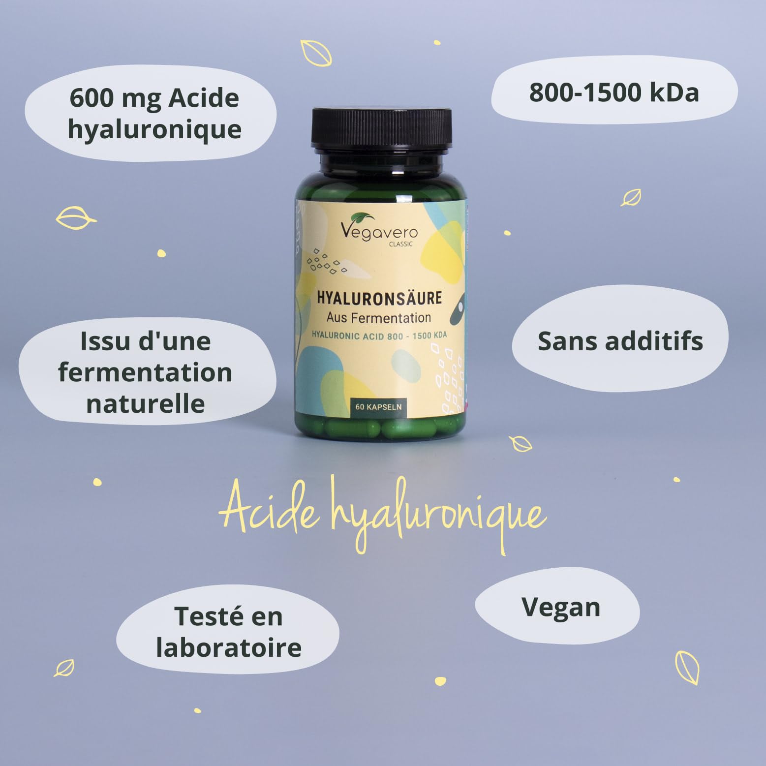 Acide Hyaluronique Pur Vegavero® 600 mg | 100% Naturel | VEGAN & Sans Additifs Artificiels | Anti-âge et Articulations | 60 Gélules