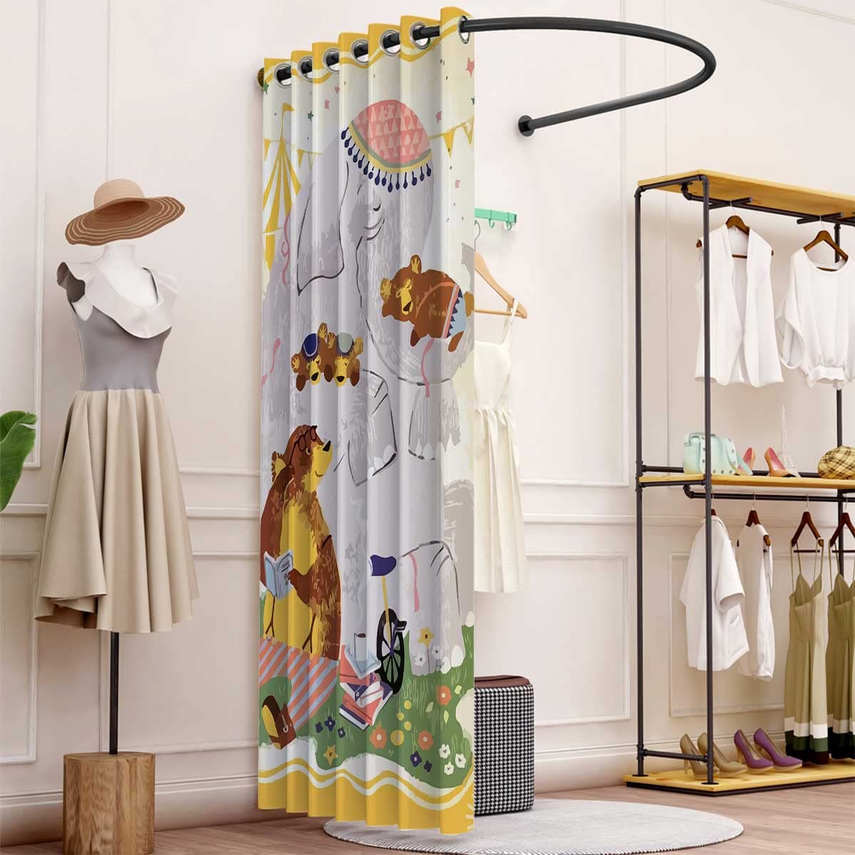 BANLV Tenda da Doccia per Bagno e Set di tappeti Animali della Giungla dei Cartoni Animati Coperchio del WC Verde Foresta Tappetino da Bagno Tende da
