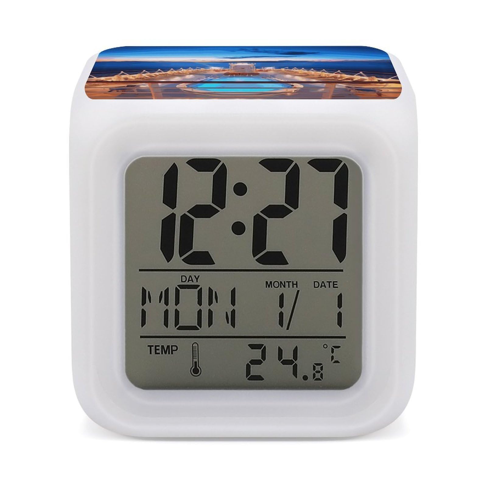 FekiLoot Pool Party Cruise Ship Alarm Clock for Heavy Sleepers Small Digital Alarm Clock with Date Temperature Wake Up Digital Clocks with 7 Colors Changing Desk Clocks for Bedroom Bedside Nightstand