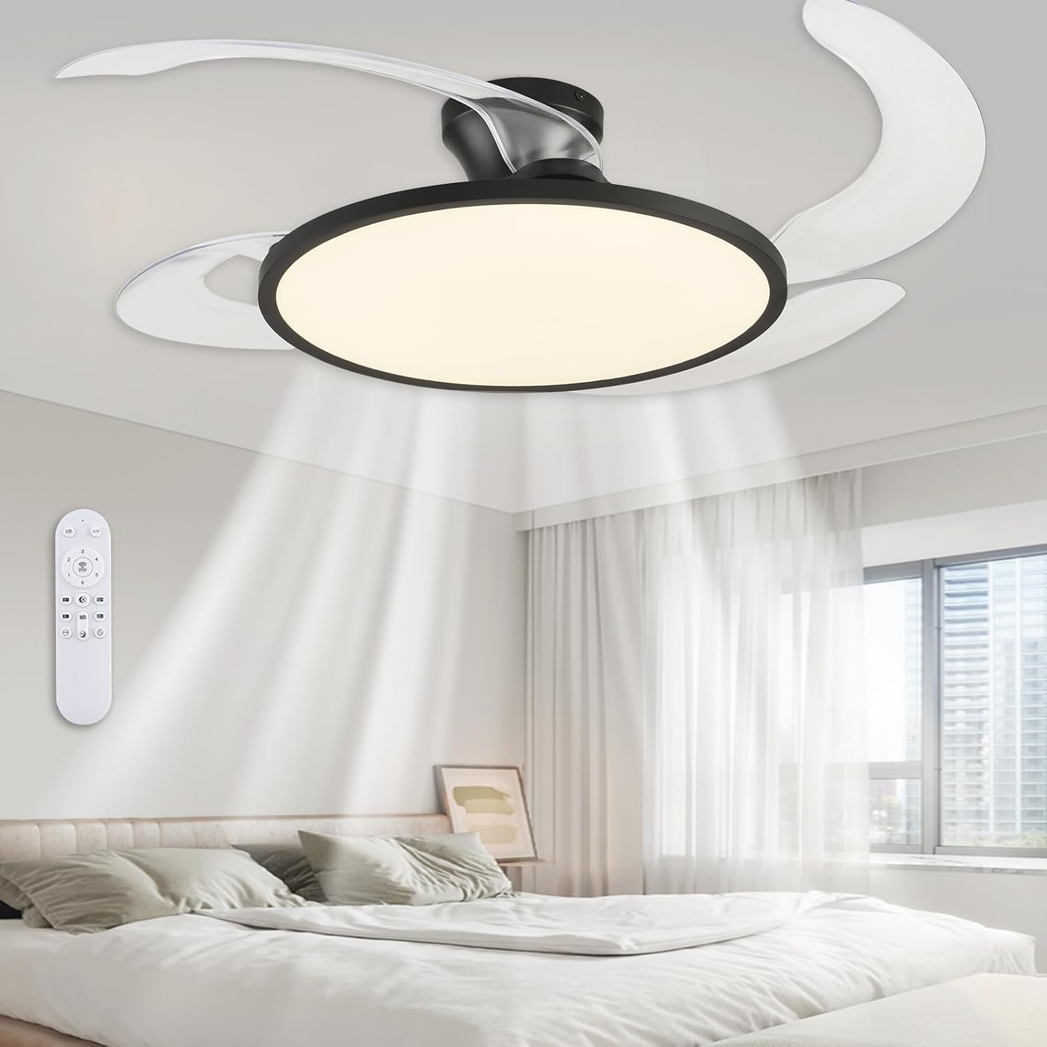 Retractable Ceiling Fan with Lights Remote Control,42'' Low Profile Ceiling Fan with Retractable Blades,Dimmable Full Spectrum,Modern Fandelier for Living Room Dinning Room Bedroom,Black