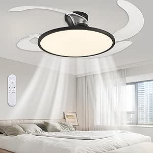 AHAWILL 48 Inch Retractable Ceiling Fan,Low Profile Ceiling Fan with Light and Remote,Modern Black Fan with Retractable Blades for Dinning Room Living Room Bedroom,Dimmable,Timer Setting