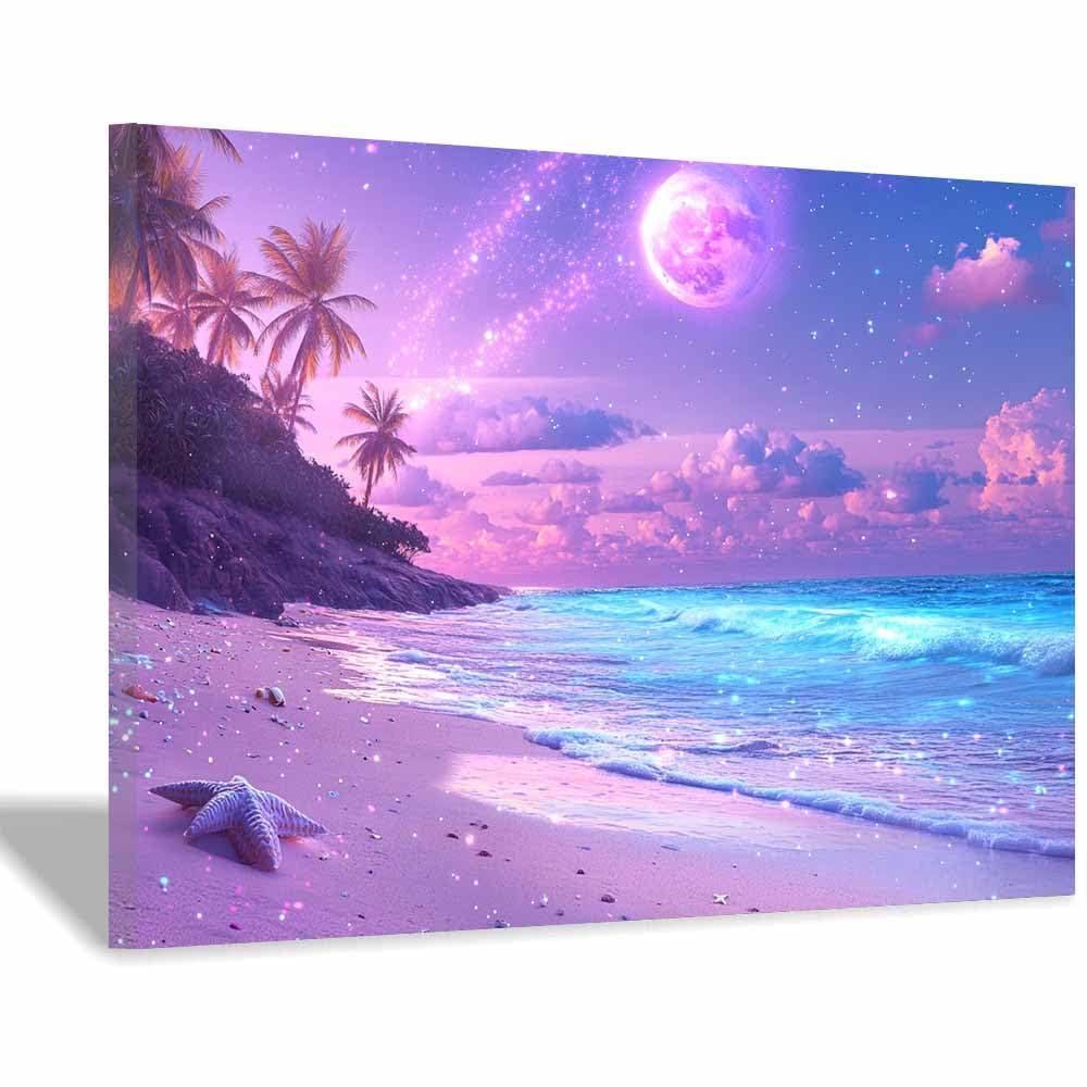 QUSAAOU Wandbilder Dekoration Rosafarbener Strand mit Seestern und Mond Leinwand Poster Schlafzimmer Dekoration Landschaft BüRo Raumdekoration Deko Wand Kunstdruck Wanddeko(Pink)-40x60cm Gerahmt