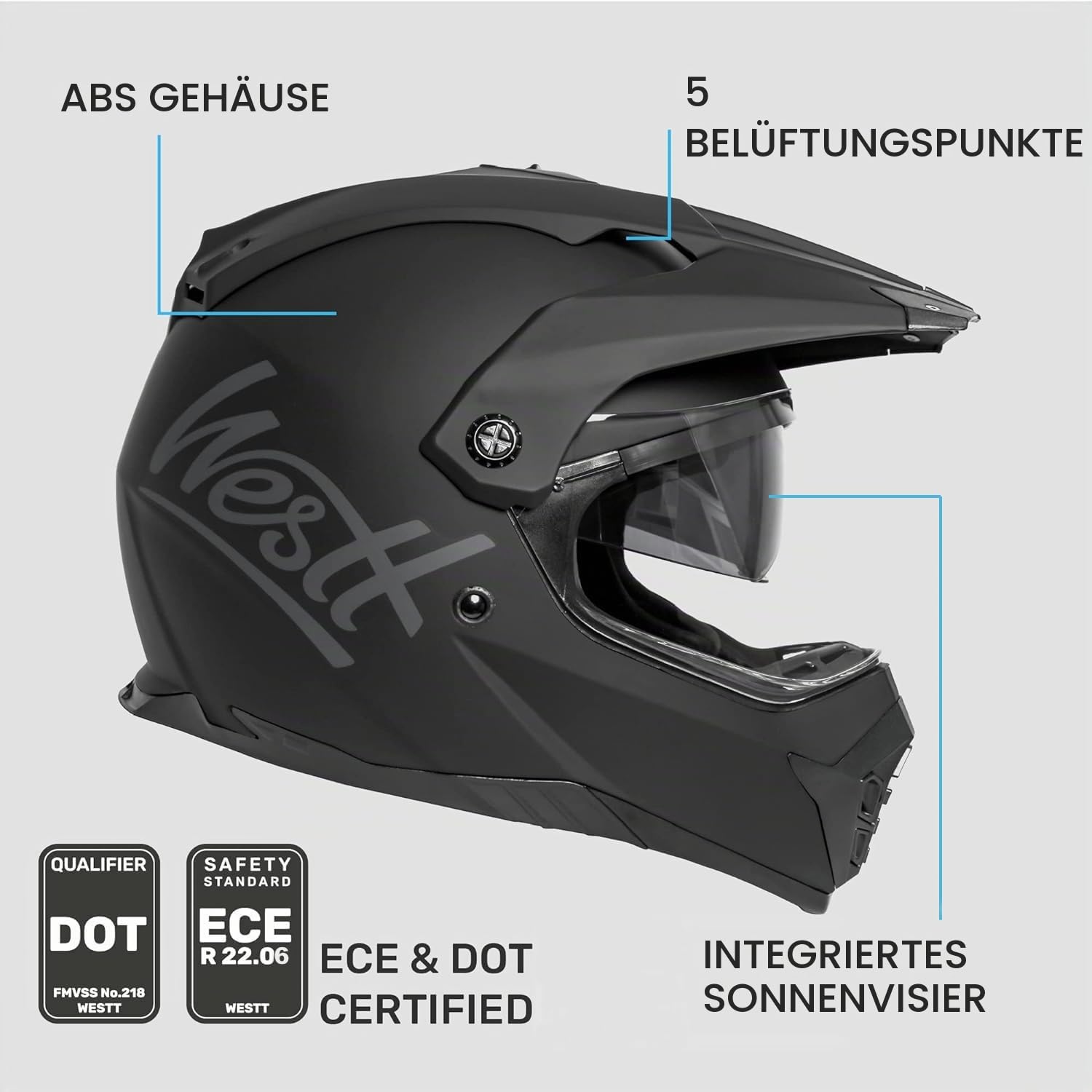 Westt Motocross Helm Integralhelm Motorradhelm ECE 22.06 geprüft – Enduro Helm mit Visier und Sonnenlende für Herren & Damen – Robuste ABS-Schale, Waschbares Innenfutter– ideal für Enduro, Stadt, MTB