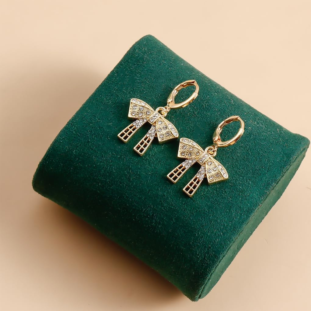 14K Gold Rhinestone Bow Huggie Earrings for Women, Dainty Crystal Bowknot Statement Hoop Earrings Trendy Aesthetic Cubic Zirconia Ear Jewelry Gifts - Image 4