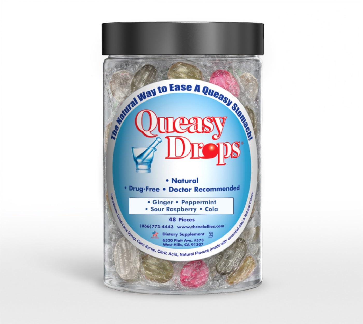 Three Lollies Queasy Drops- Supports Motion Sickness Relief. Also Pregnancy & Morning Sickness Relief. Stomach Settle Drops Assorted 48 Count