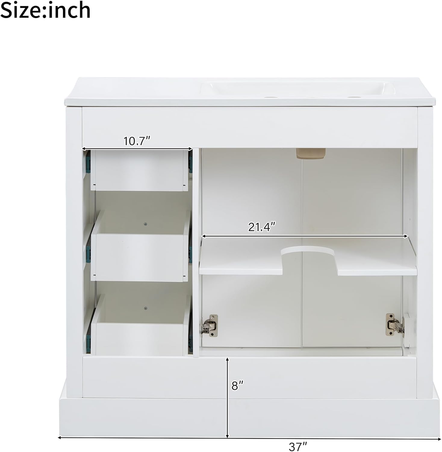 36''Bathroom Vanity, vanity with Ceramic Sink – Features 2 Soft-close Doors, an Adjustable U-shaped Shelf, 3 Drawers (including one with divider), Painted Finish, and Ample Storage Space, White