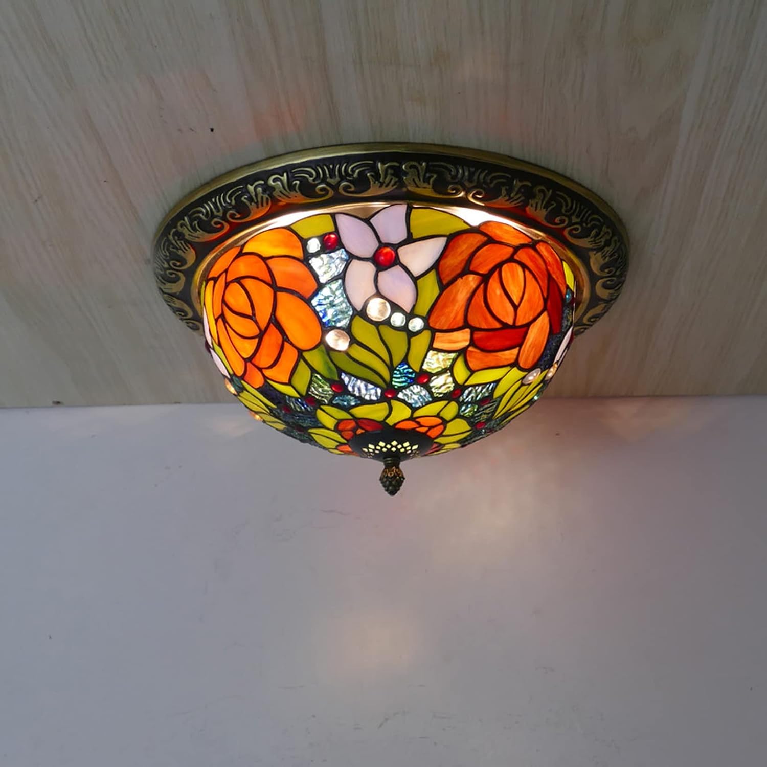 Tiffany Style Bedroom Ceiling Lights Pastoral Rose Stained Glass Ceiling Lamp Retro Traditional Flush Mount Ceiling Light Fixture for Living Room Hallway Foyer,12inch