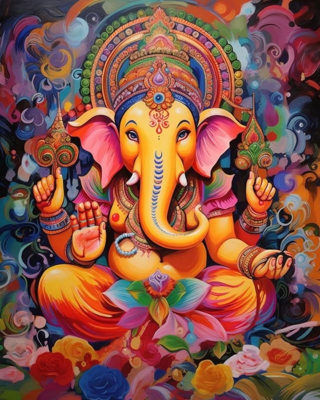Image of TULIP N TURTLE Ganapati DIY 5D Diamond Painting Kit Round Dril Cross Stitch