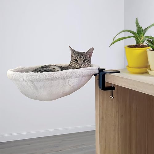 KOBUDDY | Cat Desk Bed - Soft Faux Fur Fabric, Steel Frame - Adjustable, Cat Shelf Bed for Indoor Cats - Perfect Cat Hammock for Your Desk β Supports up to 50lbs - Unique and Modern cat Furniture - Pale Beige - One Size