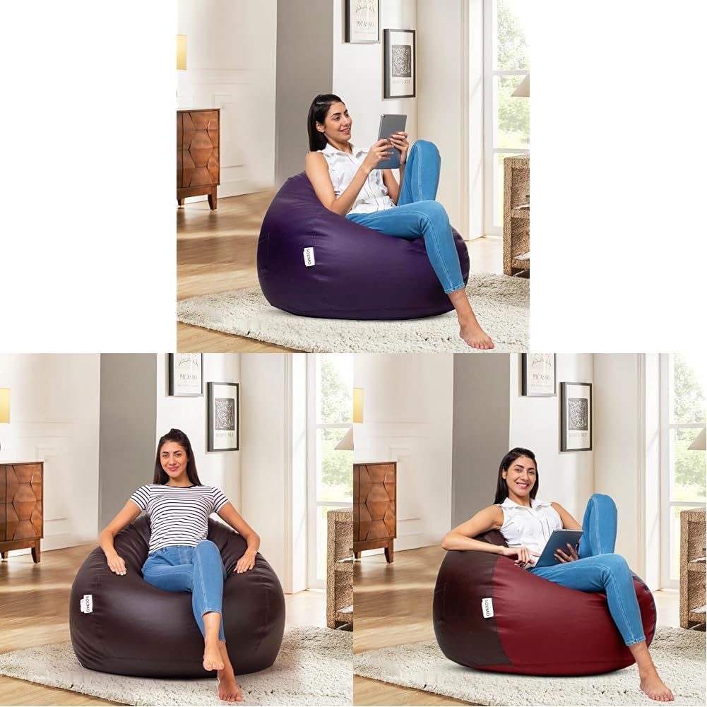 Amazon Brand - Solimo Premium Faux Leather Bean Bag with Beans | Capacity: (Upto 5.8Ft, 85 Kg. 2XL | Purple)(Upto 5.8Ft, 85 Kg, 2XL, Brown) & XXL Bean Bag Cover Without Beans (Brown & Tan)