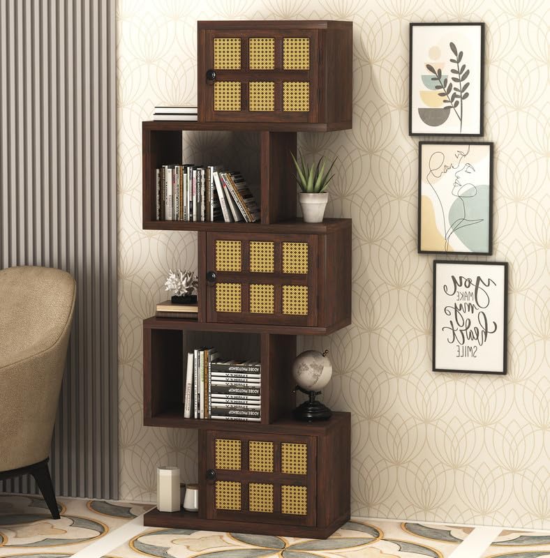 Image of Solid Sheesham Wood 5-Layer Ladder Bookshelf with Zig-Zag Design with 2 Open Shelves & 3 Rattan Wicker Door Storage | Display Cabinet Floor Standing Bookcase for Office Library (Walnut Finish)