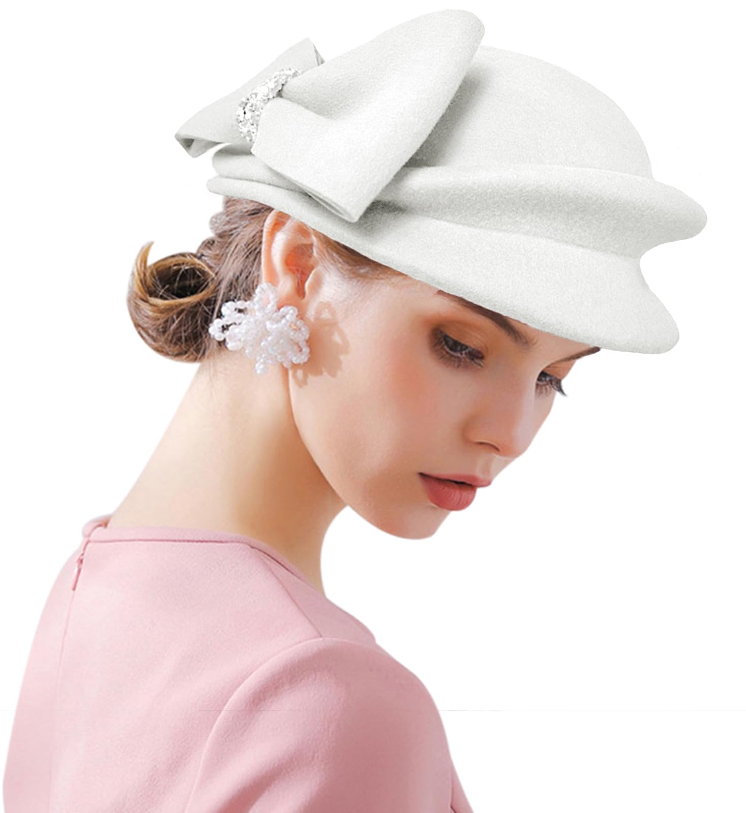 ORIDOOR Women Vintage 100% Wool Felt Flowers Bucket Cloche Bowler Hat Church Wedding Beret Hat E4 White …