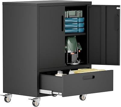 Metal Storage Cabinet with Wheels, Lockable Rolling Tool Cabinet with Adjustable Shelf & Drawer, Heavy-Duty Steel Storage Organizer for Garage,Workshop,Home Office,Warehouse,40" H x 30" W x 20" D