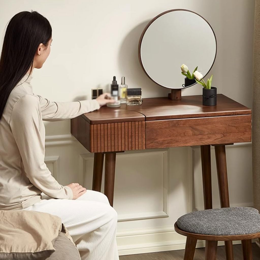OJDHNJKNJ Dressing Table Solid Wood Dressing Table with Make-up Mirror Curved Storage Box Bedroom Make-up Table with Drawers Office Desk Dressing Table with Mirror : Home & Kitchen