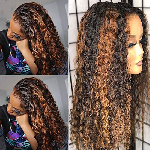 5x5 Lace Closure Wig Human Hair Glueless Deep Curly Wig Ombre Color with Highlights 13x4 Lace Frontal Wig Peruvian Remy Hair by Beata Hair (14 Inch, 5x5 Lace Closure Wig)