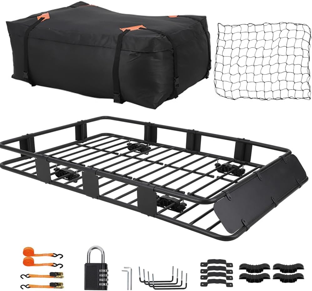 Roof Rack Basket with Waterproof Roof Top Cargo Carriers,SUV Roof Rack 64" x 39" to 48"x 39" Cargo Racks w/Net & Ratchet Straps