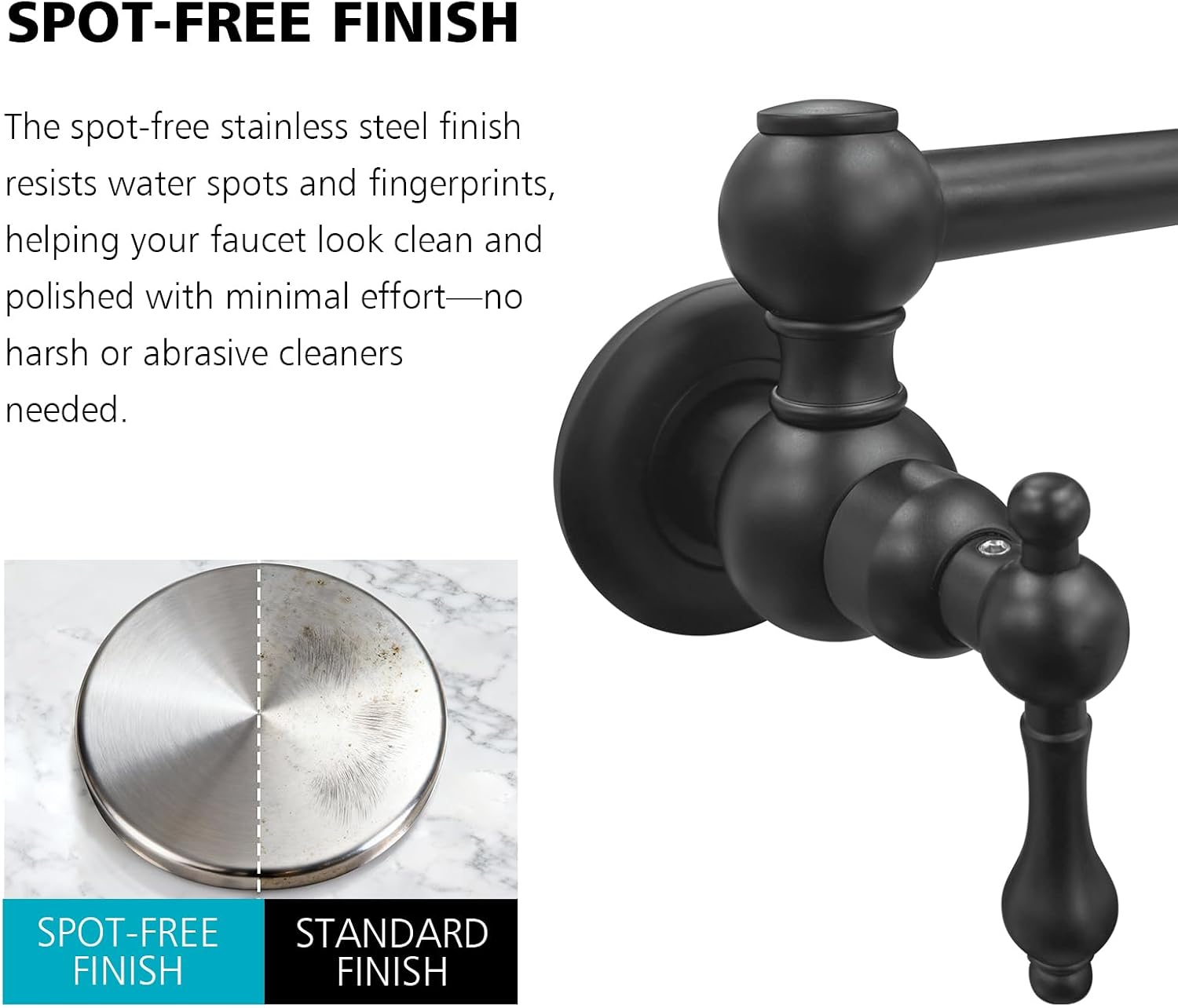 Pot Filler Faucet Wall Mount, Folding Swing Arm Over Stove Pot Filler with Double Joint Retractable Arm, Heavy Duty Brass 2 Handle Spot-Free Matte Black