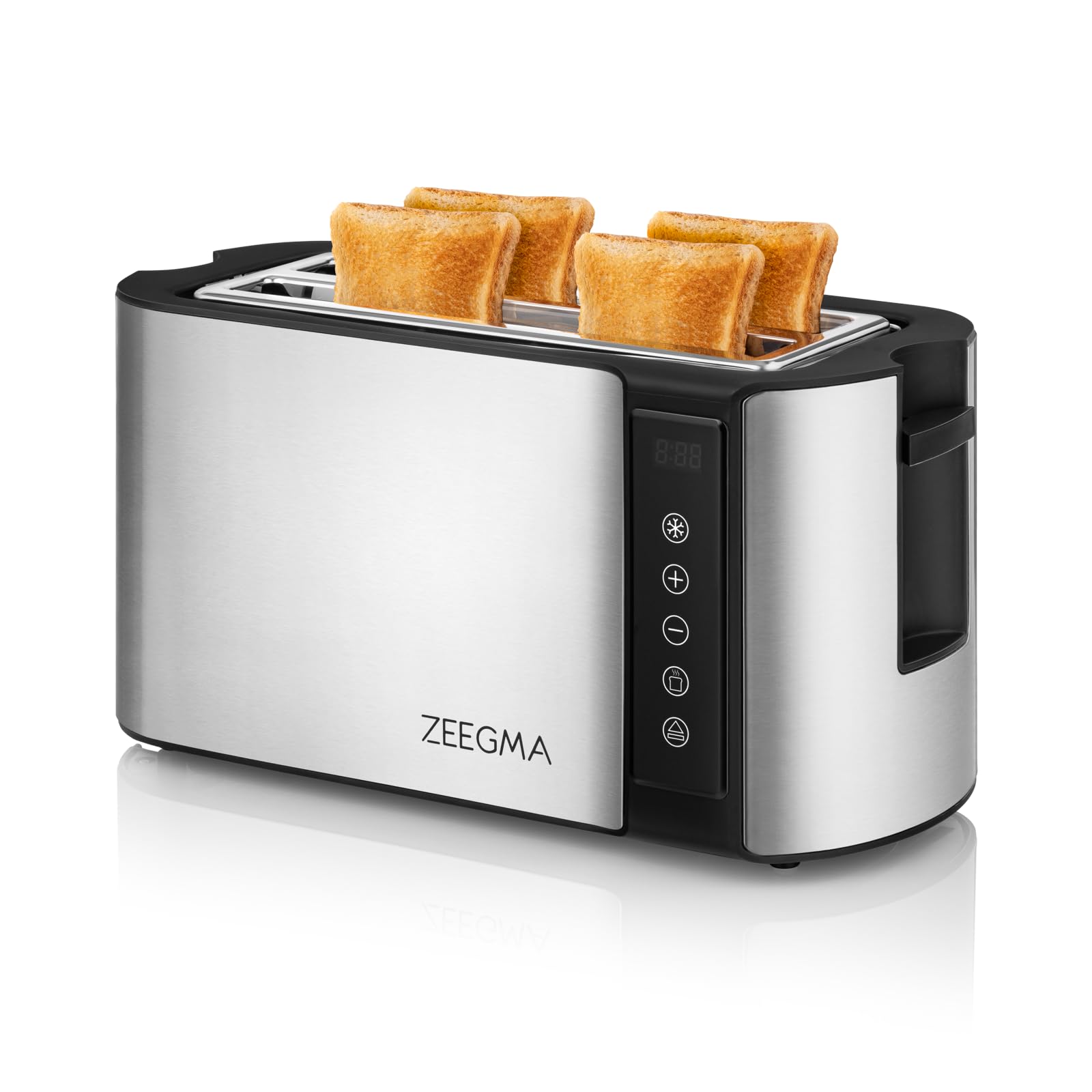 ZEEGMA TOSTEE CHEF Toster do Chleba na 4 Kromki ze Stali Nierdzewnej, Stojak na Bułki 1500 W, Rozmrażanie Odgrzewanie i Stop, Tacka na Okruchy, Wyświetlacz LED Timer, 7 Stopni