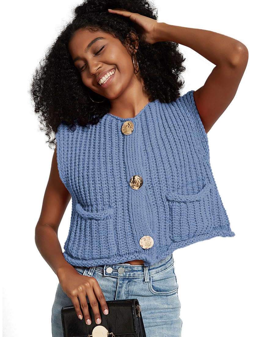 Pull sans Manche Femme Pull Court Col V Gilet Femme Gilet Tricoté Veste Couleur Unie Sweater Casual Basique Élégant Cardigan Tricoté Printemps Automne