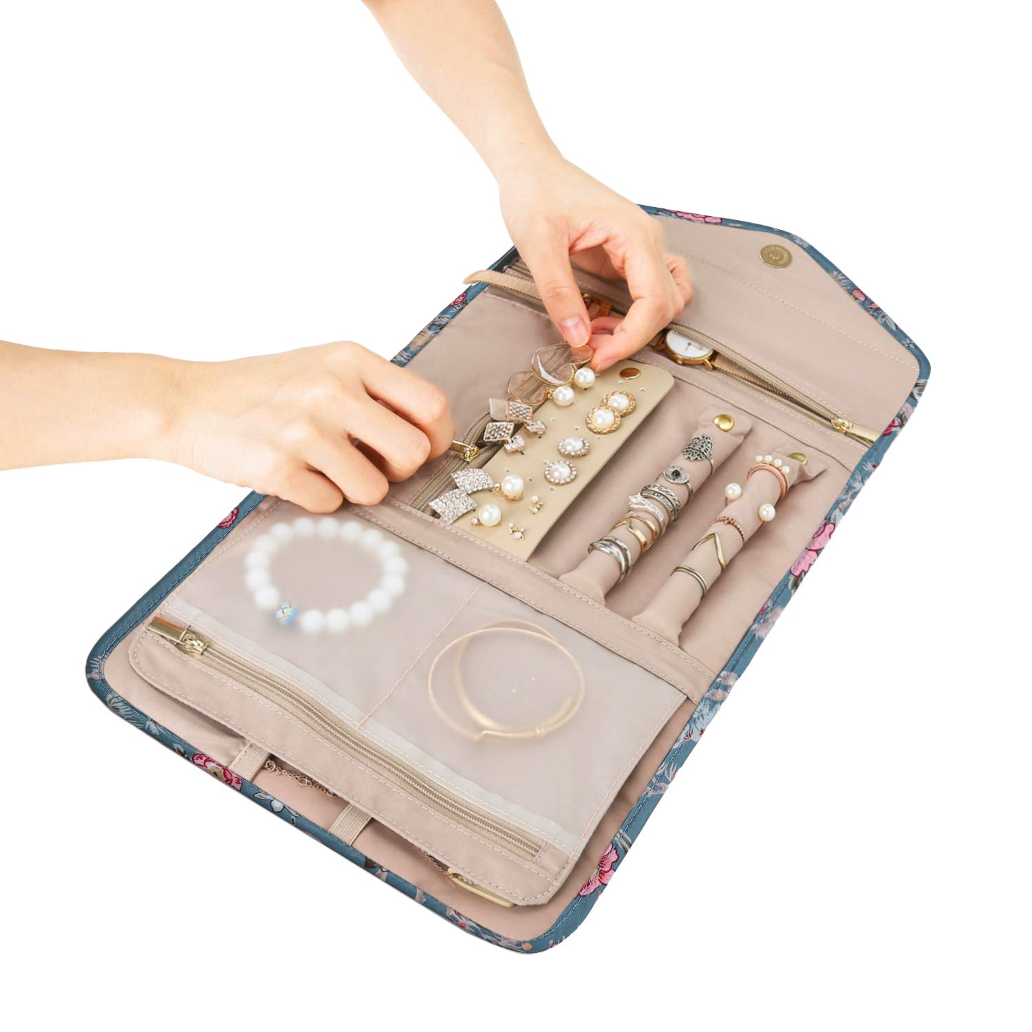 BAGSMART Étui De Rangement De Bijoux De Voyage, étui Pliable Pour Colliers, Boucles D'oreilles, Bagues De Voyage, Bracelets, Broches, Essentiels De Voyage Portable, Beige - 5